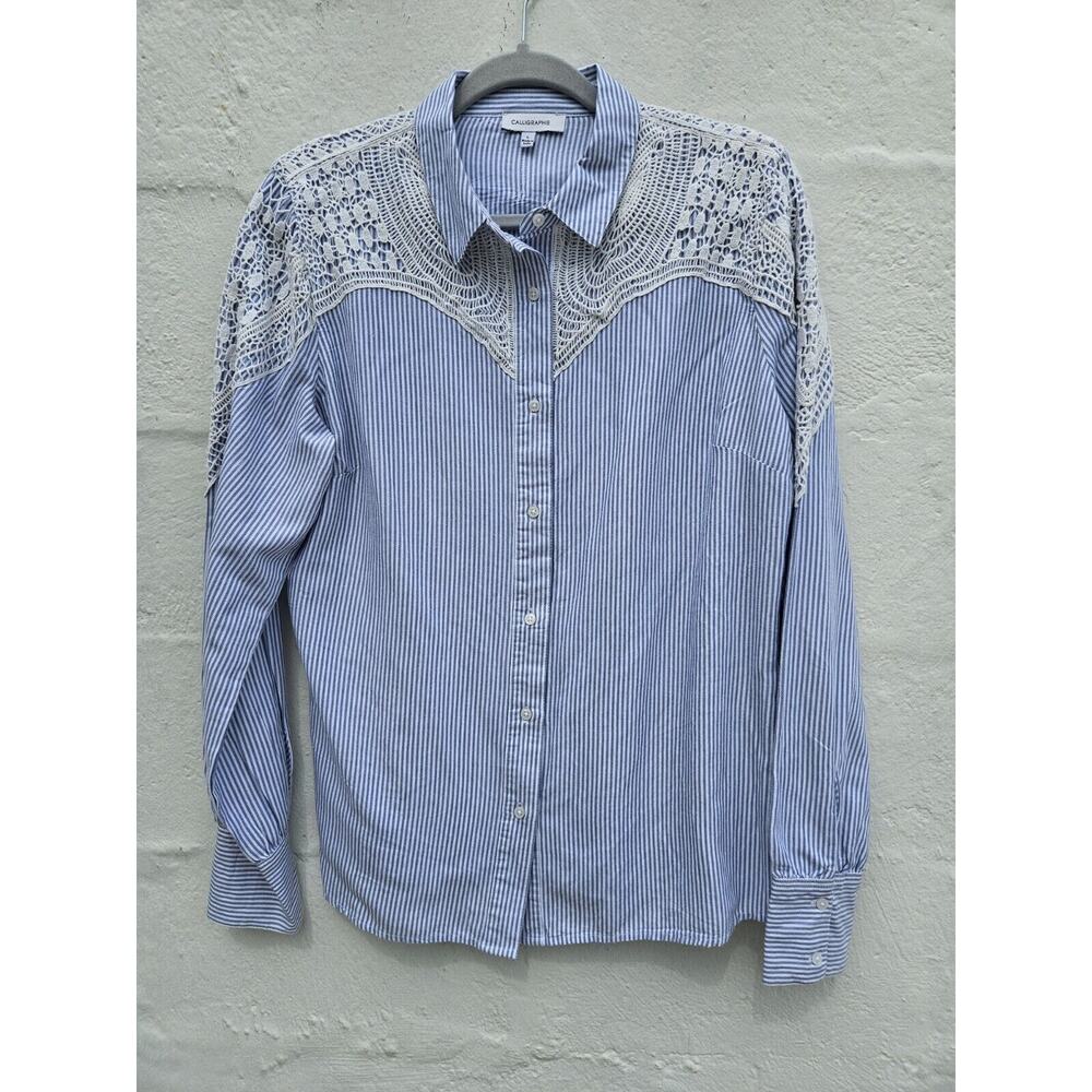 Calligraphie‎ Anthropologie Top Large Blue White Striped Button Up Ivory Crochet